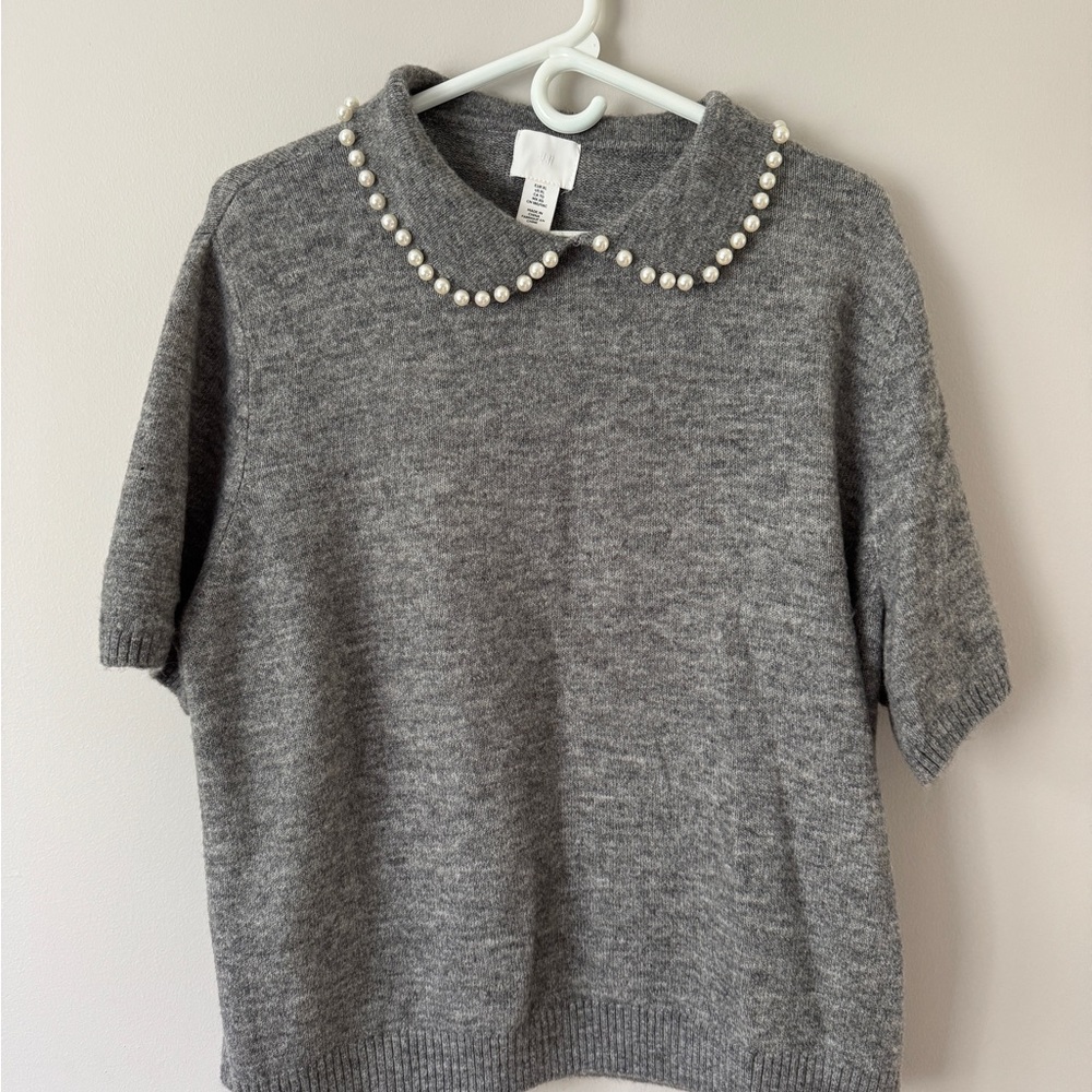 H&M Gray Crew Neck Sweater with Pearl Embellished Collar